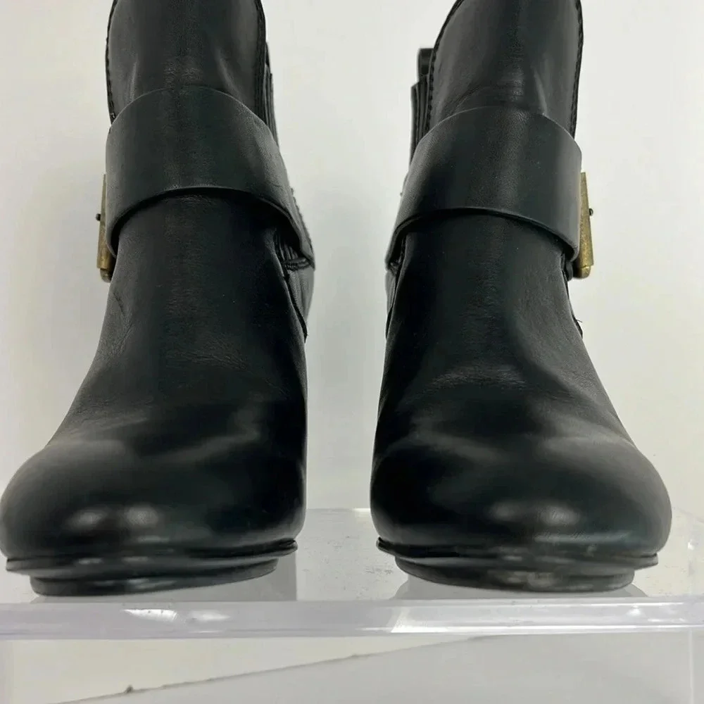 See By Chloe Black Cappa Leather Chelsea Ankle Booties Buckle Stacked Heel Sz 38